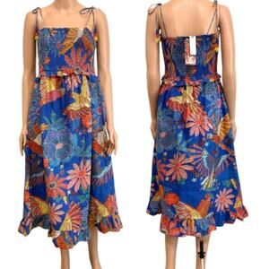 Farm Rio medium smocked poplin tropical beaded tie strap dress D1 2629